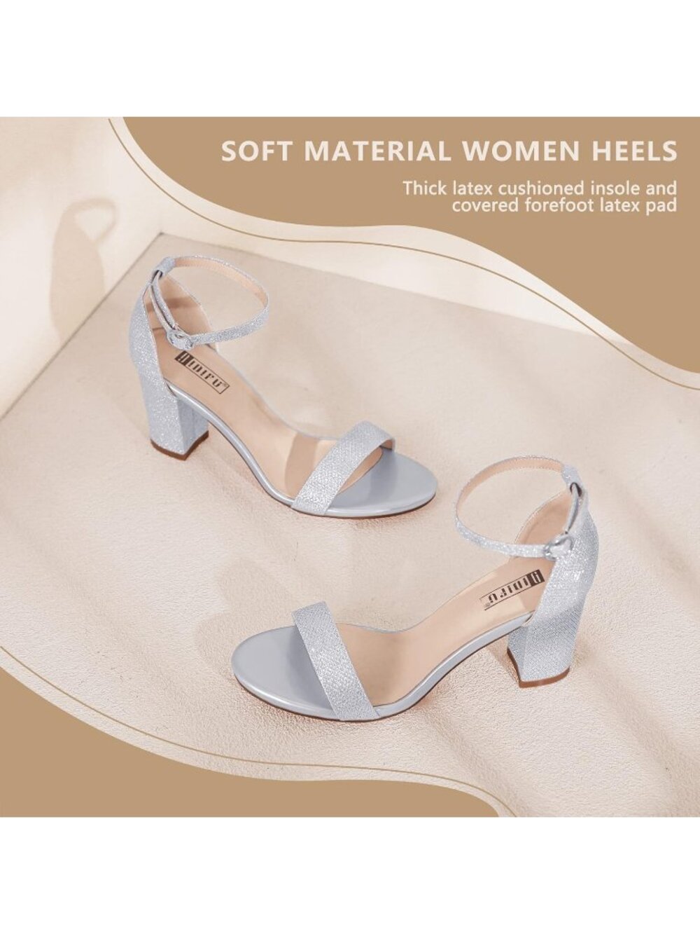 Women's Silver Glitter Adjustable Ankle Strap Open Toe Chunky Short Heel Sandals - Picture 5 of 6